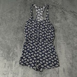 French Kiss Short Romper Women Large Blue Flowered Sleeveless Racerback Button